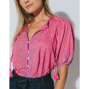 Cleobella Amari Pink Tassel Button Up Shirt Short Sleeve